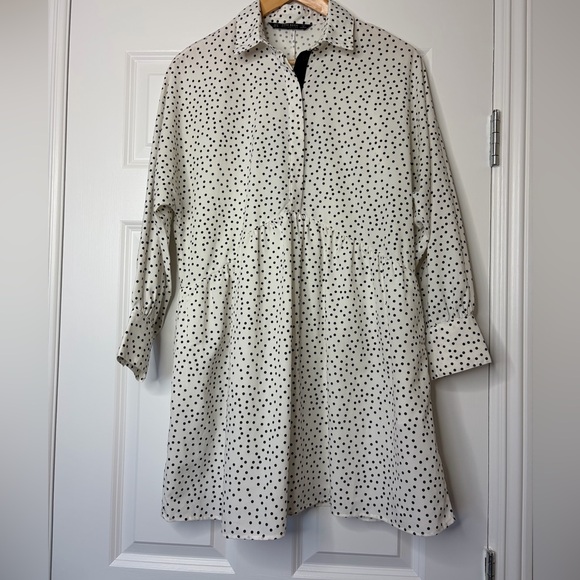 Zara Dresses & Skirts - Zara Cream and Black Polka Dot Long Sleeve Shirt Style Dress Size M